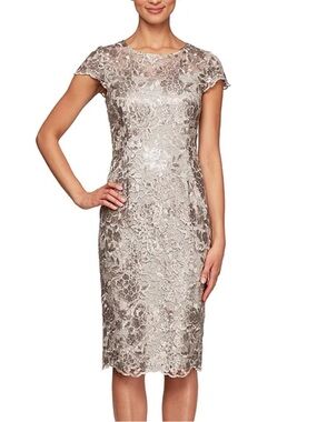 Alex Evenings Short Cap Sleeve Sequin Embroidered Sheath Dress Taupe